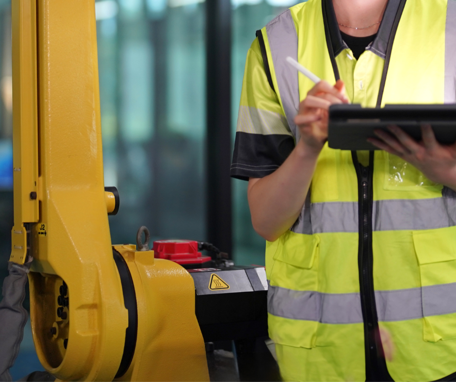 Person in Warnweste arbeitet mit Tablet an digitaler Maschine