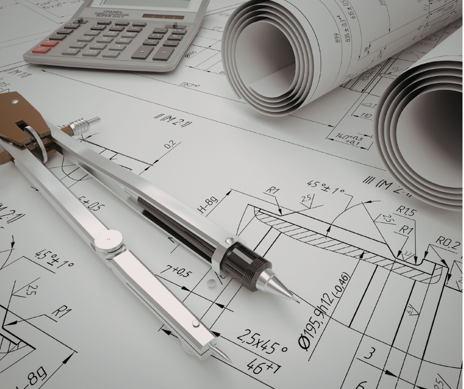 Technische Baupläne mit Zirkel, Bleistift und Taschenrechner